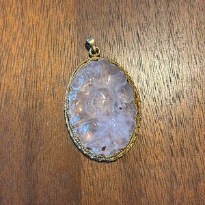 Large vintage carved rose quartz filigree pendant